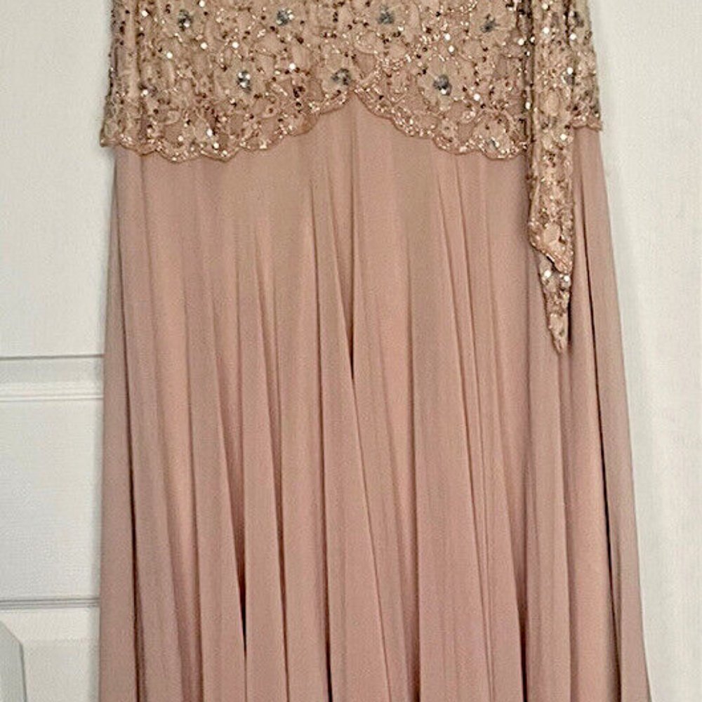 J Kara Women's Faux Wrap Beaded Dress W/Flutter Sleeve - Size US 12P